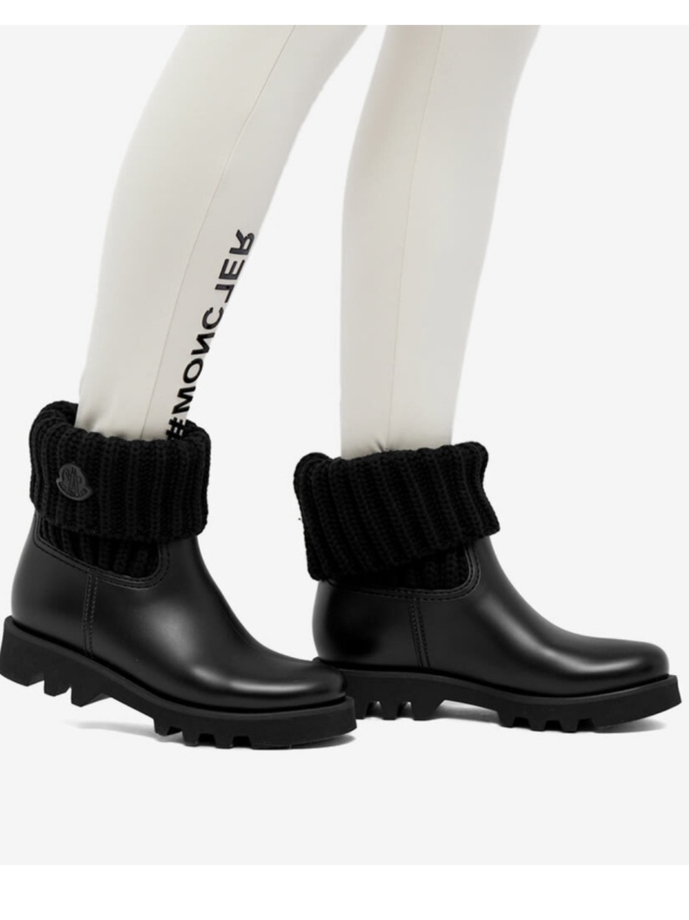 Moncler Black Leather Ankle Boots with Fold-Over Knit Cuff
